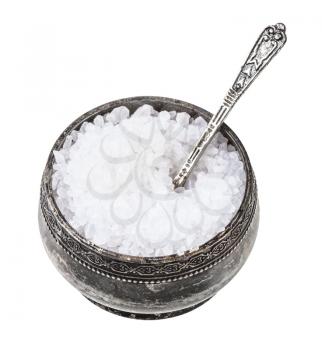 vintage silver salt cellar with spoon with coarse grained Sea Salt isolated on white background