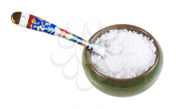ceramic salt cellar with spoon with coarse grained Sea Salt isolated on white background
