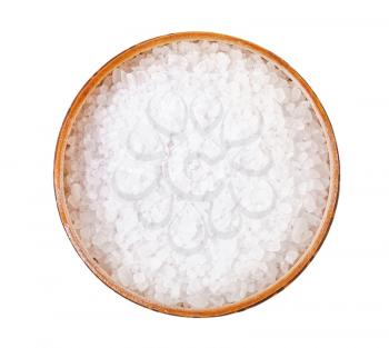 top view of wooden salt cellar with coarse grained Sea Salt isolated on white background