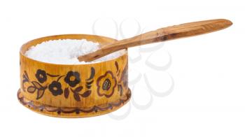 side view of wooden salt cellar with spoon with coarse grained Sea Salt isolated on white background