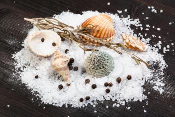 various shells and coarse grained Sea Salt and peppercorns on dark brown wooden board