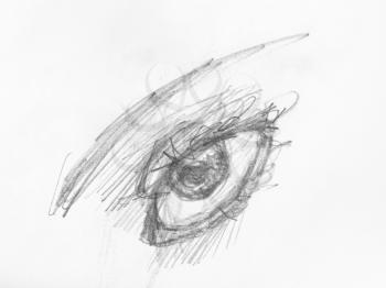 hatched sketch of female eye hand-drawn by black pencil on white paper