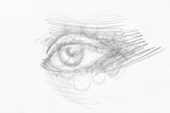 hatched sketch of human eye hand-drawn by black pencil on white paper