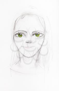 portrait of girl with green eyes hand-drawn by pencils on white paper