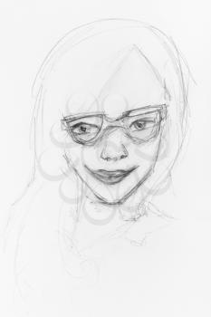 sketch of smiling girl with spectacles hand-drawn by black pencil on white paper