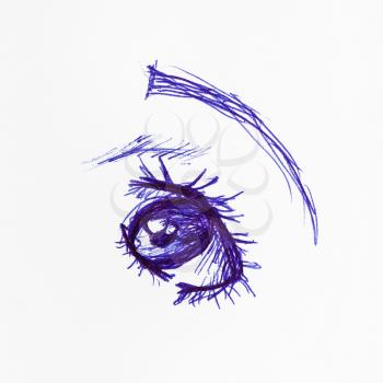sketch of human eye hand-drawn by blue ink on white paper