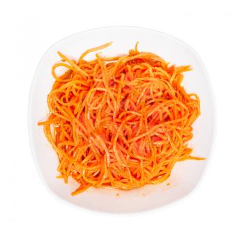 top view of Korean-style carrots ( Koryo-saram, spicy pickled carrot) in bowl isolated on white background