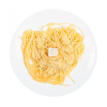 italian cuisine - top view of spaghetti al burro (pasta with butter) on white plate isolated on white background