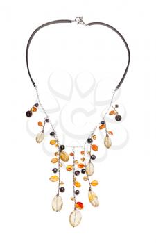 hand crafted necklace decorated by chains with natural citrine and cornelian gemstonesa and pearls red isolated on white background