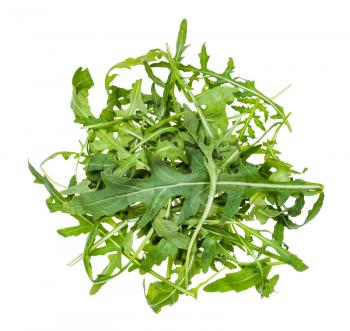 top view of heap from green leaves of Arugula (rocket, eruca, rucola) plant isolated on white background