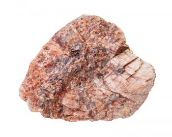 closeup of sample of natural mineral from geological collection - piece of pink Granite rock isolated on white background