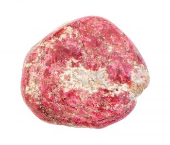 closeup of sample of natural mineral from geological collection - tumbled Thulite (pink Zoisite) gemstone isolated on white background