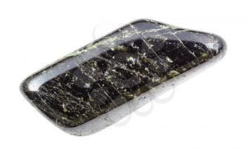 closeup of sample of natural mineral from geological collection - tumbled Diopside gemstone isolated on white background