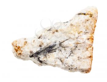closeup of sample of natural mineral from geological collection - Ludwigite crystals in rock isolated on white background