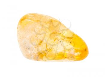 closeup of sample of natural mineral from geological collection - polished citrine (yellow quartz) gem stone isolated on white background