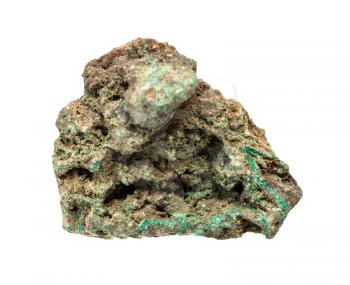 closeup of sample of natural mineral from geological collection - unpolished copper ore (Malachite) rock isolated on white background