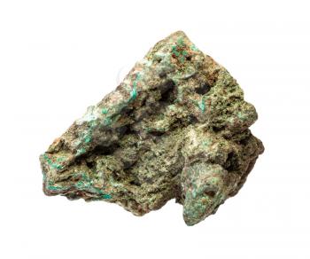 closeup of sample of natural mineral from geological collection - rough copper ore (Malachite) rock isolated on white background