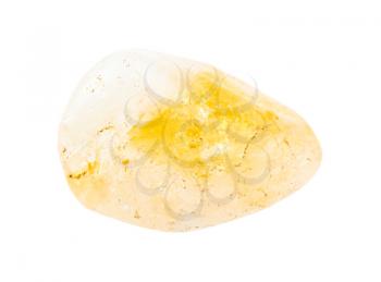 closeup of sample of natural mineral from geological collection - rolled citrine (yellow quartz) gem stone isolated on white background