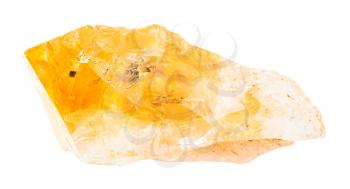 closeup of sample of natural mineral from geological collection - unpolished citrine (yellow quartz) rock isolated on white background