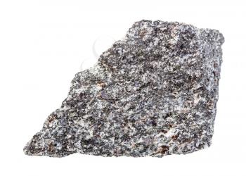 closeup of sample of natural mineral from geological collection - unpolished Nepheline syenite rock isolated on white background