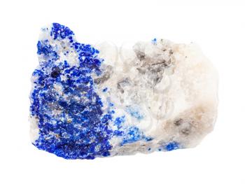 closeup of sample of natural mineral from geological collection - raw Lapis lazuli (Lazurite) rock isolated on white background