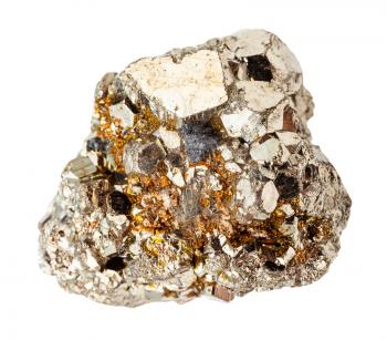 closeup of sample of natural mineral from geological collection - rough crystalline Pyrite (iron pyrite, fool's gold) rock isolated on white background