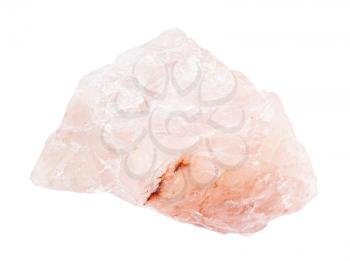 closeup of sample of natural mineral from geological collection - rough Rose quartz rock isolated on white background