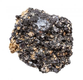 closeup of sample of natural mineral from geological collection - raw Perovskite rock isolated on white background