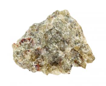 closeup of sample of natural mineral from geological collection - rough Olivine rock isolated on white background