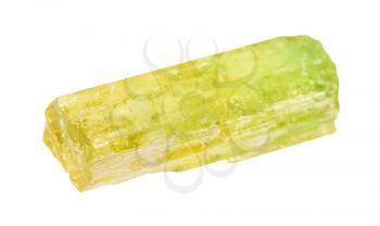 closeup of sample of natural mineral from geological collection - rough crystal of Heliodor (yellow Golden beryl) isolated on white background