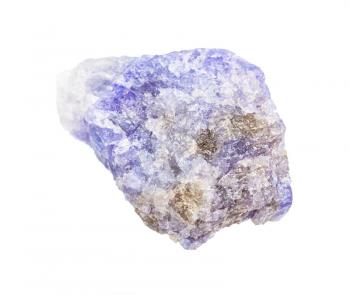 closeup of sample of natural mineral from geological collection - raw Tanzanite (blue violet zoisite) rock isolated on white background