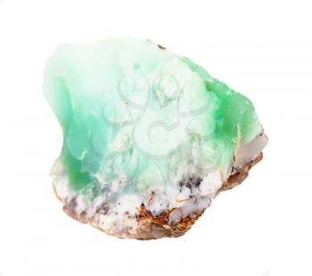 closeup of sample of natural mineral from geological collection - raw Chrysoprase rock isolated on white background