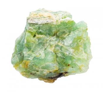 closeup of sample of natural mineral from geological collection - rough Chrysopal (green opal) rock isolated on white background
