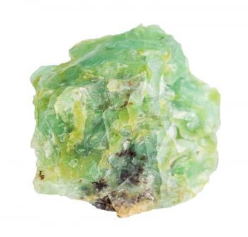 closeup of sample of natural mineral from geological collection - raw Chrysopal (green opal) rock isolated on white background