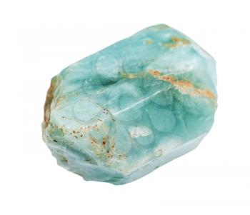 closeup of sample of natural mineral from geological collection - raw light blue Apatite crystal isolated on white background