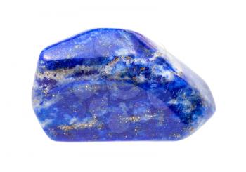 closeup of sample of natural mineral from geological collection - pebble of Lapis lazuli (Lazurite) gem isolated on white background