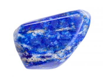 closeup of sample of natural mineral from geological collection - polished Lapis lazuli (Lazurite) gem isolated on white background