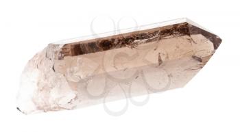 closeup of sample of natural mineral from geological collection - rough crystal of smoky quartz isolated on white background