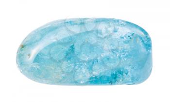 closeup of sample of natural mineral from geological collection - tumbled Aquamarine (blue Beryl) gem isolated on white background