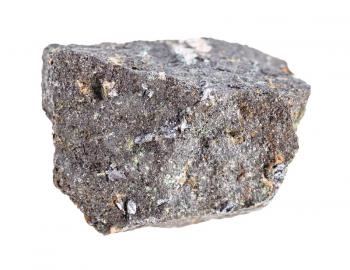 closeup of sample of natural mineral from geological collection - Molybdenite ore isolated on white background