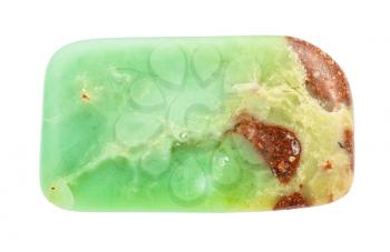 closeup of sample of natural mineral from geological collection - polished Chrysoprase gem stone isolated on white background