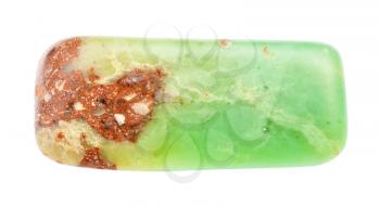 closeup of sample of natural mineral from geological collection - polished Chrysoprase gemstone isolated on white background