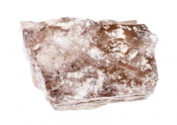 closeup of sample of natural mineral from geological collection - raw smoky quartz rock isolated on white background