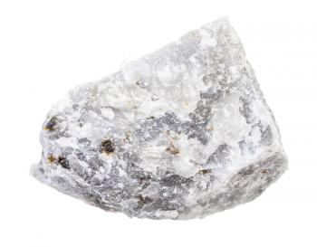 closeup of sample of natural mineral from geological collection - rough Melilitolite rock isolated on white background