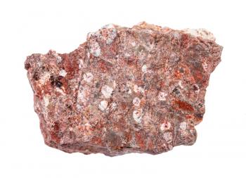 closeup of sample of natural mineral from geological collection - raw Rhyolite rock isolated on white background