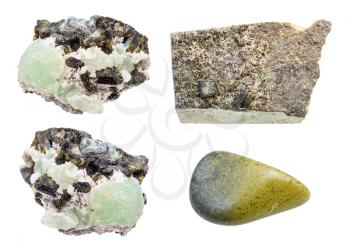 set of various Epidote gemstones isolated on white background