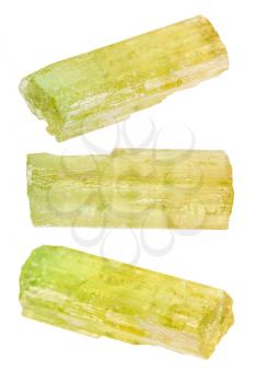 set of crystals of Heliodor (yellow Golden beryl) isolated on white background