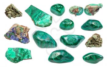 set of various Malachite gemstones isolated on white background