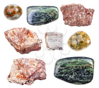 set of various Rhyolite rocks isolated on white background