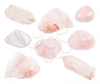 set of various Rose Quartz gemstones isolated on white background